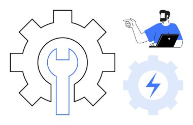 İngiliz anahtarı ve yıldırımlı teçhizat, ayrıca diz üstü bilgisayarı olan bir adam. İş stratejileri, bilişim çözümleri, sanayi kavramları, süreç iyileştirmesi, üretkenlik ve yenilik için ideal