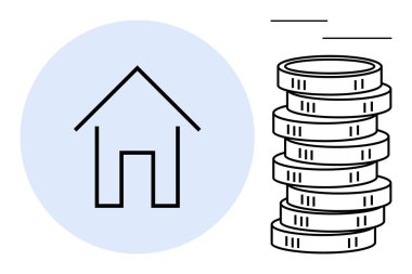 Konutları, gayrimenkulleri ve finansal kazanç kavramlarını ön plana çıkaran madeni paraların yanında ev çizgisi. Yatırım, gayrimenkul, bütçe, tasarruf, ekonomik konut piyasası zenginliği için ideal. Düz basit