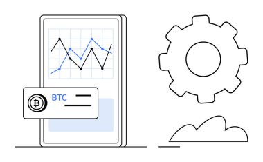 Akıllı telefon ekranında Bitcoin grafiği, para birimi detayları, ayarlar için vites kutusu ve soyut bulut görülüyor. Kripto para birimi, fintech, teknoloji, veri analizi engelleme uygulamaları için ideal. Düz