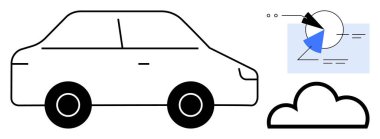 Bulut ve veri pasta grafiğinin yanında sadeleştirilmiş araba taslağı. Ulaşım, bulut hesaplama, analitik, çevresel etki, dijital dönüşüm, yenilikçi çözümler, düz