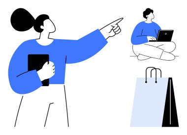 Kendinden emin bir kadın, elinde tabletle el kol hareketi yapıyor, dizüstü bilgisayarla yan yana oturuyor, alışveriş çantası da yanında. Takım çalışması, öğrenme, e-ticaret, yön ve liderlik için ideal.