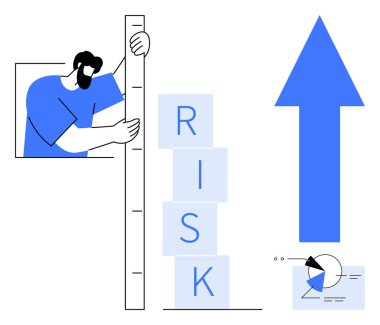 Risk bloğu kulesini cetvel, veri pasta grafiği ve büyüme okuyla ölçen kişi. İş stratejisi, risk analizi, veri değerlendirmesi, büyüme ölçümleri, mali planlama, karar verme dairesi için ideal