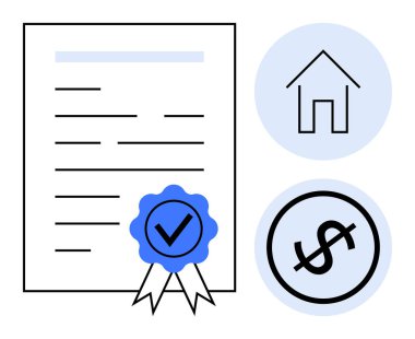 Kurdele işaretli, ev ve dolar işaretli tasdikli belge. Yasal anlaşmalar, emlak sigortası, gayrimenkul, finans hizmetleri, ipotek, yatırımlar için ideal basit bir metafor
