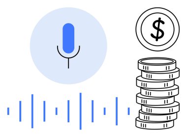 Mikrofon, ses dalgası ikonu, bozuk para ve bozuk para ile çevrili. Finans, podcast, teknoloji, ses tasarımı, ses yapay zeka yayın platformları ve dijital yenilik için idealdir. Düz basit
