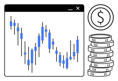 Finansal ticaret platformunda, yığılmış madeni paralar ve dolar para birimi simgesinin yanında duran şamdan şeması. Finans, yatırım, ticaret, borsa, ekonomi, bütçe, kripto para birimi kavramları için ideal