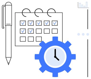 Kontrol işaretli takvim, saat teçhizatı ve kalem vurgusu organizasyon, teslim tarihleri, planlama, verimlilik, iş akışı optimizasyonu, hedef izleme. Verimlilik zamanını ayarlamak için ideal