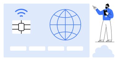 NFC çipi ve küresi, profesyonel figürün rehberliğinde küresel dijital işlemleri temsil etmektedir. Teknoloji, fintech, küresel ticaret, eğitim, yenilik, iş stratejisi bağlantıları için ideal. Düz
