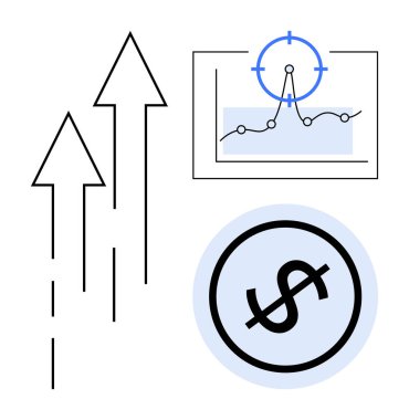 Yukarı ok, analitik grafik ve dolar işareti gelişmeyi, finansal büyümeyi ve stratejiyi simgeliyor. Analiz, finans, ticari ilerleme hedefleri, kazançlar ve planlama için ideal. Düz basit
