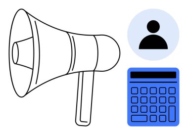 Duyuru için megafon, kimlik için kullanıcı profili, analiz ve bütçe hesaplama için hesap makinesi. Reklam, analitik, hedef kitlesi, kampanya planlaması, iletişim, finans için ideal