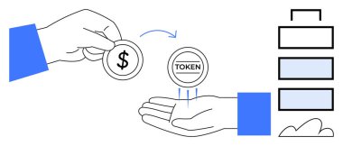 Finansal işlemleri temsil eden dijital bir jeton için para değiş tokuşu. Fintech, engelleme zinciri, kripto para birimi, jetonizasyon, dijital ekonomi, ödeme konseptleri için ideal. Düz