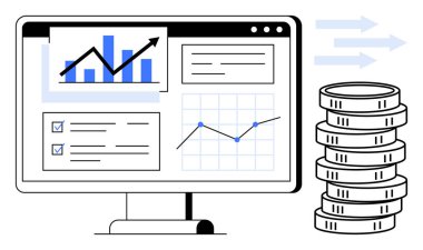 Analitik grafik ve grafikleri büyüme eğilimleri, kontrol listesi ve bir yığın madeni paranın yanında projeksiyonla birlikte görüntüle. Finans, yatırım, ekonomi, iş büyümesi, veri görselleştirmesi için ideal