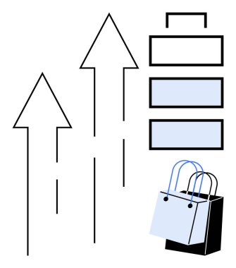 Siyah ve mavi oklar bir batarya ikonu ve alışveriş poşetlerinin bitişiğinde. Büyüme eğilimleri, ilerleme, enerji, tüketici davranışı, perakende başarısı, dış ticaret ve yenilik için idealdir. Basit.