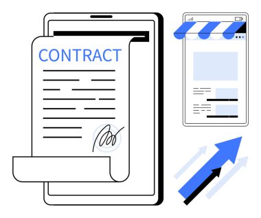 İmzalı sözleşmeyi gösteren dijital tablet, çevrimiçi mağazaya benzeyen web arayüzü ve büyümeyi temsil eden yukarı doğru oklar. İş için ideal, e-ticaret, sözleşme imzalama, teknoloji, büyüme, dijital