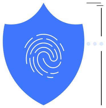 Merkezinde parmak izi olan mavi kalkan, veri koruması, kimlik doğrulama ve siber güvenliği temsil ediyor. Kimlik doğrulama, gizlilik, çevrimiçi güvenlik, teknoloji, şifreleme parolası için ideal