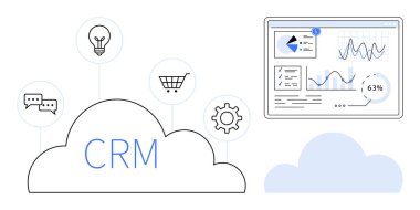 CRM bulutu bir veri panelinin yanında iletişim, yenilik, alışveriş ve ayarlar ikonlarına bağlandı. İş yönetimi için ideal, veri analizleri, satış, yenilik, iletişim