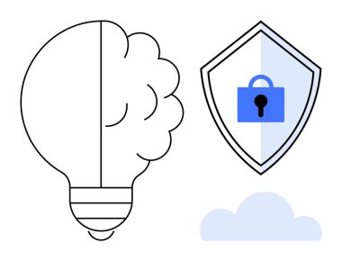 Ampulün yarısı beyinle dolu, kalkanda kilit simgesi ve bulut var. Yenilik, güvenlik, zeka, koruma, teknoloji siber güvenliği hesaplayan bulut kavramları için idealdir. Siyah mavi gri