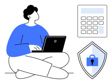 Hesap makinesi ve kilit sembollü kalkan eşliğinde dizüstü bilgisayar kullanarak oturan kişi. Dijital mahremiyet, veri güvenliği, çevrimiçi bankacılık, mali hesaplamalar, siber güvenlik, kişisel güvenlik için ideal