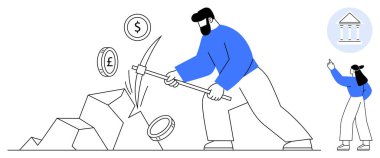 Bir kadın yakınlarda el kol hareketi yaparken, adam taşlardan kazmayla bozuk para çıkarıyor. Finans, ekonomi, madencilik, zenginlik, yatırım, döviz kuru, gelir büyümesi için ideal. Düz basit metafor