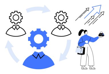 Oklarla birbirine bağlanmış dişli başlı figürler, yükselen grafikleri olan iş kadını. Takım çalışması, otomasyon, stratejiler, büyüme, üretkenlik, yenilik verimliliği için idealdir. Modern soyut çizgi düz metafor