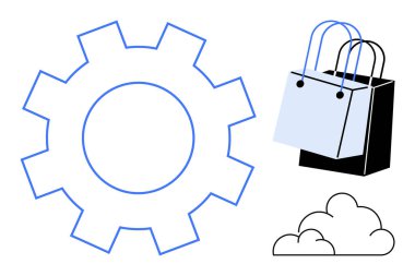 Alışveriş torbaları ve bulut sembollerinin yanında vites simgesi. E-ticaret, teknoloji entegrasyonu, bulut hizmetleri, çevrimiçi alışveriş, otomasyon, dijital dönüşüm, soyut düz metafor için ideal
