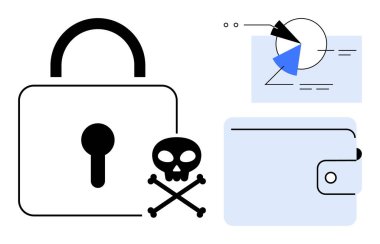 Kilit ve kafatası vurgulama riskleri, dijital cüzdan ve veri görselleştirme. Siber güvenlik, veri gizliliği, dijital ödemeler, finansal dolandırıcılık, şifreleme, çevrimiçi güvenlik dairesi metaforu için ideal