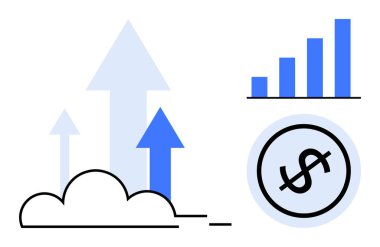 Yukarı bakan oklar, yükselen bar tablosu ve para madeni büyümeyi, ilerlemeyi ve başarıyı simgeliyor. Finans, yatırım, iş, ekonomi kar analizi için ideal basit