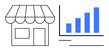 Yukarı doğru yükselen bar tablosu olan bir mağaza vitrininin en düşük grafiği. Ticari büyüme, girişimcilik, perakende performans, satış artışı, veri analizi, ekonomik kalkınma, düz