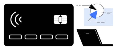 Temassız çip, finansal grafikli dizüstü bilgisayar ve analitik içeren modern ödeme kartı. Finans, teknoloji, ödemeler, veri güvenliği, e-ticaret bankacılık dijital işlemleri için idealdir. Düz