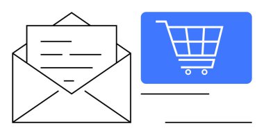 Zarfı mavi alışveriş arabasının yanında aç. E-ticaret, e-posta pazarlama, dijital satış, çevrimiçi siparişler, perakende iletişim, müşteri hizmetleri ve alışveriş için ideal. Basitleştirilmiş