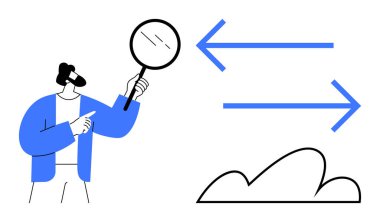 Zıt yönlere bakan iki okun yanında büyüteç tutan kişi, altında bulut var. Analiz, veri transferi, keşif, keşif, karar verme, bulut hesaplama için ideal