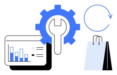 Vites ve İngiliz anahtarı simgesi, ekran çizelgesi, alışveriş çantası ve dairesel ok. İş için ideal, analitik, e-ticaret, işlem yönetimi teknolojisi perakende verimliliği. Düz basit metafor
