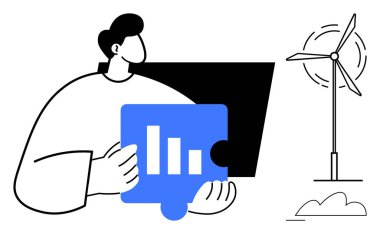 Rüzgar türbini ve bulutun yanında bar çizelgesi olan bir yapboz parçası. Sürdürülebilirlik, yenilenebilir enerji, takım çalışması, veri analizi, yenilik, ilerleme ve işbirliği için ideal. Düz