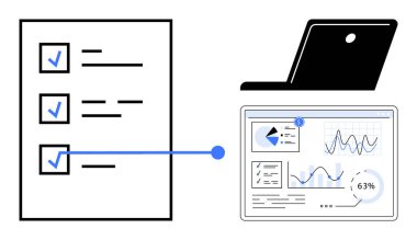 Görev listesi analitik gösterge paneline bağlanıyor. Dizüstü bilgisayarla çizelgeleri, istatistikleri, grafikleri gösteriyor. İş akışı yönetimi, verimlilik, raporlama, izleme, planlama, veri içgörüsü için ideal basit