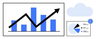 Çubuk grafiğin üzerinde yukarı doğru siyah ok, analizli pasta grafiği, bulut simgesi, dolar işareti. Finans, iş büyümesi, veri analizi, ilerleme bulut çözümleri yatırım başarısı için idealdir. Düz basit