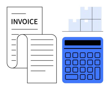 Detaylı fatura belgesi, hesaplamalar için mavi hesap makinesi ve ürün envanterini temsil eden istiflenmiş kutular. Finans, fatura, muhasebe, lojistik, muhasebe ve bütçe için ideal