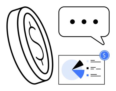 Dolar işaretli sikke, elipsli konuşma balonu ve finansal vurgu içeren pasta grafiği. Finans, yatırım, veri iletişimi, ekonomi, iş sunumu analitik stratejisi için ideal. Düz