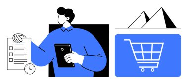 Tablet, saat, alışveriş arabası ikonu ve büyüme potansiyelini temsil eden piramitlerle listeyi yöneten kişi. Üretkenlik, e-ticaret, planlama, zaman yönetimi, strateji, organizasyon için ideal