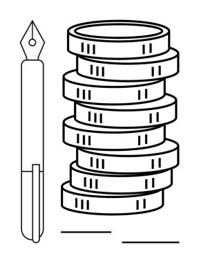 Birikmiş paraların yanına dolma kalem, bütçe, tasarruf, yazma, eğitim, ekonomi veya zenginlik yönetimi kavramlarını sembolize eder. Finans ve yatırım eğitimi için ideal iş fikirleri zenginlik