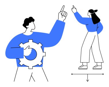 İki birey hareketleriyle beyin fırtınası yapıyor. Biri yenilikleri temsil eden bir vites tutuyor, diğeri ileriye bakıyor. Takım çalışması, liderlik, yaratıcılık, strateji, sorun çözme için ideal