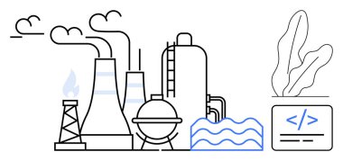 Duman yığınları, yakıt alevi ve kodlama ve bitkinin yanında su elementleri olan bir fabrika. Teknoloji, sürdürülebilirlik, yenilik, çevresel etki, programlama, endüstri ve gelecek için ideal