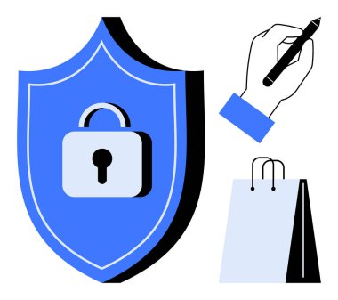 Kilitli asma kilitli mavi güvenlik kalkanı, elinde kalem, ve korunma, belge ve e-ticaret güvenliğini vurgulayan alışveriş çantası. Siber güvenlik, işlemler, veri gizliliği için ideal
