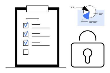İşaretli görevleri olan kontrol listesi, grafikli ve şekilli analitik diyagram, güvenli bir kilidin yanında. Üretim, organizasyon, analitik, güvenlik, hedefler, görev yönetimi veri koruması için ideal