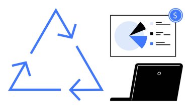 Dairesel oklar geri dönüşümü vurguluyor, pasta grafiği analitiği temsil ediyor, ve laptop teknolojiyi sembolize ediyor. Sürdürülebilirlik, veri, eko-strateji, teknoloji, analiz ekonomisi ekip çalışması için ideal. Düz