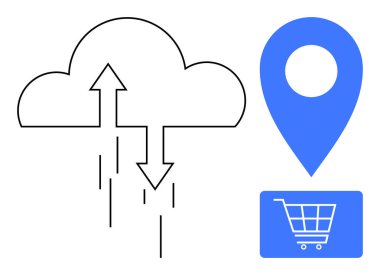 Veri paylaşımı için okları olan bulut, mavi lokasyon iğnesi, alışveriş arabası simgesi. Çevrimiçi alışveriş, e-ticaret, veri göçü, bulut senkronizasyonu, coğrafi dijital pazarlama lojistiği için ideal. Düz basit