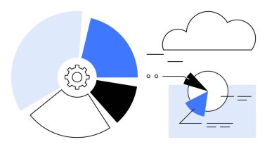 Veri segmentasyonunun detaylandırıldığı pasta grafiği, verileri buluta aktaran oklar ve görselleştirme. Analiz, otomasyon, bulut hesaplama, takım çalışması, veri yönetimi, teknik çözümler için ideal