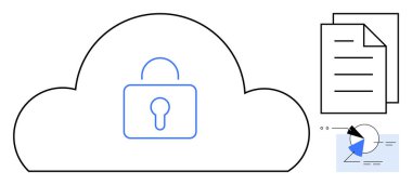 Belgeler ve veri analizlerinin yanında asma kilit içeren büyük bulut. Güvenlik, bulut depolama, gizlilik, şifreleme, dosya yönetimi, veri analizi için ideal