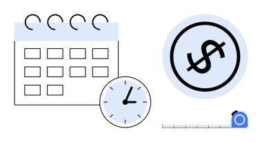 Cetvelli takvim, saat ve dolar işareti zaman yönetimi, bütçe takibi ve planlama verimliliğini vurguluyor. Zamanlama, verimlilik, finans, maliyet analiz organizasyonu zaman değeri için ideal