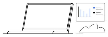 Çizgi-sanat veri gösterge tablosu ve etiketleri olan minimalist dizüstü bilgisayara bulut tasarımı eşlik ediyor. Teknoloji, analitik, uzaktan çalışma, veri sistemleri, iş süreçleri, bulut için ideal