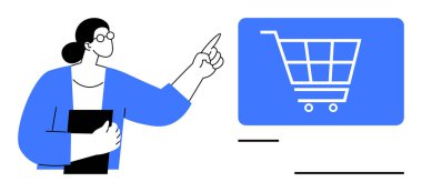 Alışveriş arabasında elinde klasör jestleri tutan kadın büyük ekranda online alışverişi temsil ediyor, dijital perakende. E-ticaret, pazarlama, satış, sunumlar, eğitim, strateji için ideal
