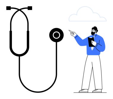 Elinde tablet tutan ve işaret eden bir profesyonelin yanında büyük bir steteskop. Sağlık, teşhis, teknoloji, veri yönetimi, tıbbi danışma, teletıp, takım çalışması için ideal. Düz basit